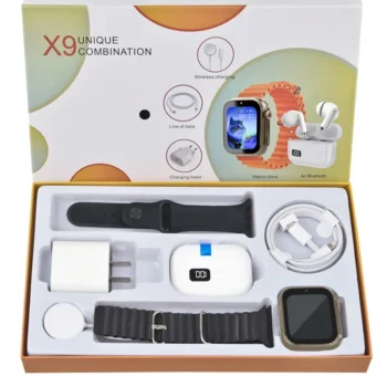All-in-one smartwatch set with Bluetooth headphones, 20W fast charger, Type-C cable and adapter, compact, portable and rechargeable.